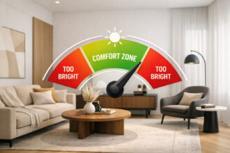 Modern living room interior with a semi-transparent brightness meter overlay showing the comfort zone, illustrating how bright a living room should be for balanced, comfortable lighting.