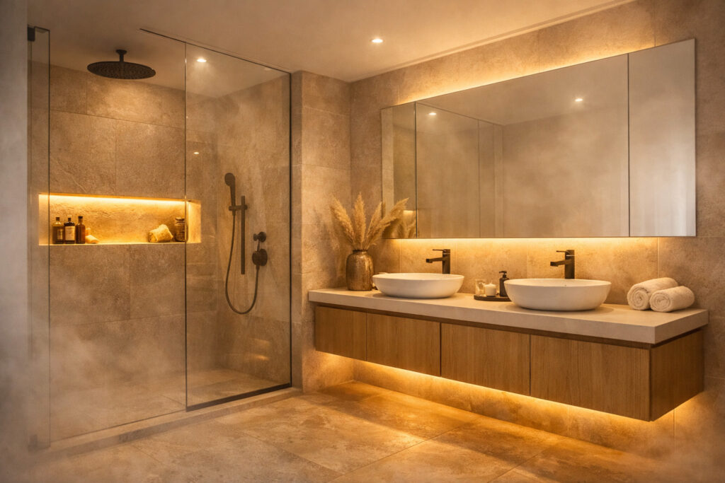 Modern luxury bathroom with walk in shower and floating vanity featuring warm 3000K LED strip lighting concealed in the shower niche and beneath the vanity cabinet, creating a soft ambient glow with no glare