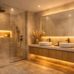 Modern luxury bathroom with walk in shower and floating vanity featuring warm 3000K LED strip lighting concealed in the shower niche and beneath the vanity cabinet, creating a soft ambient glow with no glare