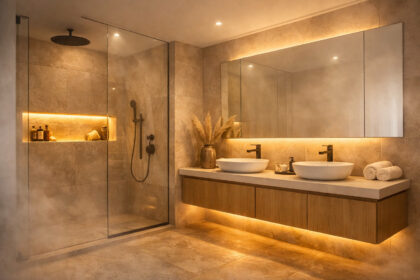 Modern luxury bathroom with walk in shower and floating vanity featuring warm 3000K LED strip lighting concealed in the shower niche and beneath the vanity cabinet, creating a soft ambient glow with no glare