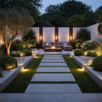 Modern minimalist garden at dusk with warm outdoor lighting, illuminated pathway, sculpted greenery, and a contemporary seating area creating a calm, elegant atmosphere.