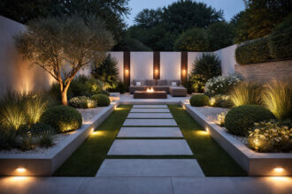 Modern minimalist garden at dusk with warm outdoor lighting, illuminated pathway, sculpted greenery, and a contemporary seating area creating a calm, elegant atmosphere.