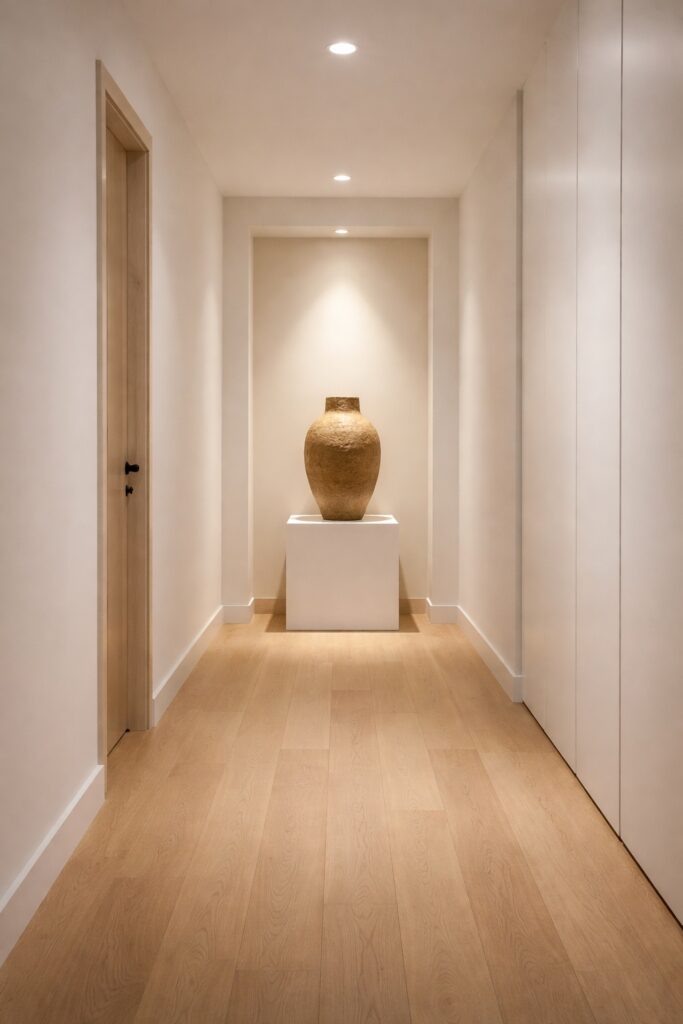 Minimalist modern hallway with light oak flooring and white walls, featuring a textured clay vase on a pedestal highlighted by a warm recessed ceiling spotlight.
