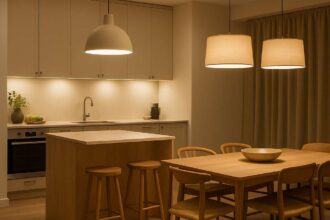 open-plan kitchen diner lighting zoning showing pendant and task lighting zones defined across an open living space