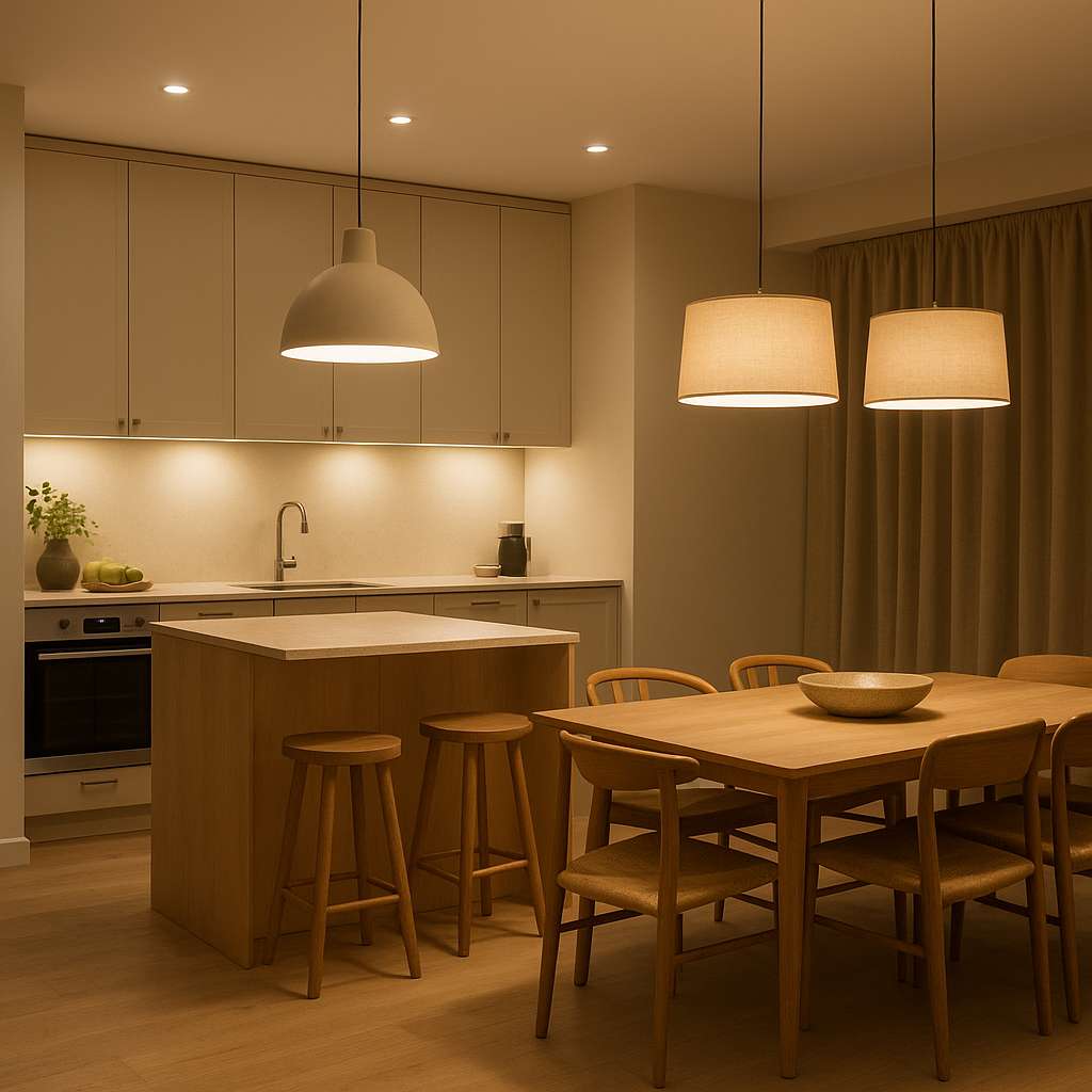open-plan kitchen diner lighting zoning showing pendant and task lighting zones defined across an open living space