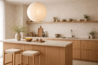 Serene scandi japandi kitchen lighting with oak slat island, beige stone worktop and rice paper lantern creating a soft zen atmosphere