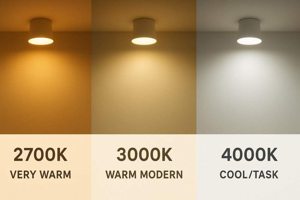 Three panels of the same ceiling light at 2700K, 3000K and 4000K, from golden warm white to cool white
