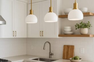 small kitchen lighting ideas featuring bright modern pendant lights in a compact contemporary white kitchen