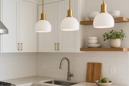 small kitchen lighting ideas featuring bright modern pendant lights in a compact contemporary white kitchen