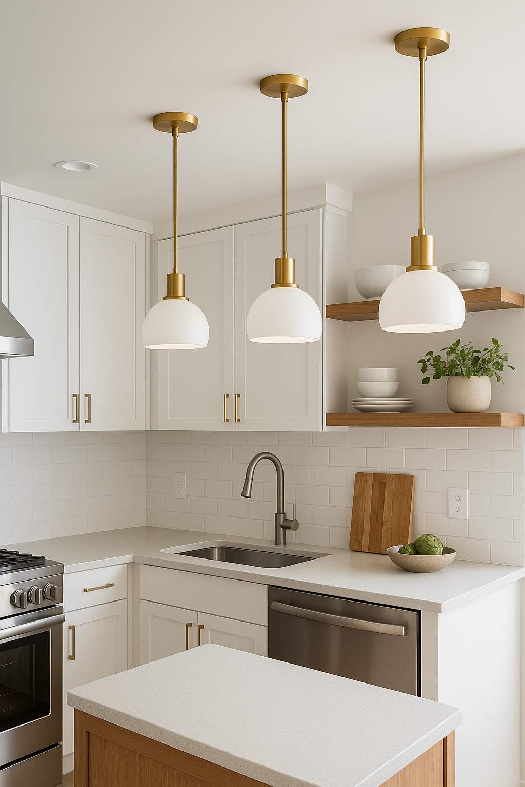 small kitchen lighting ideas featuring bright modern pendant lights in a compact contemporary white kitchen