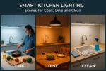 Smart kitchen lighting scenes showing kitchen smart lights with dimming, smart lighting for cooking, and kitchen smart lighting ideas for dine and clean tasks.