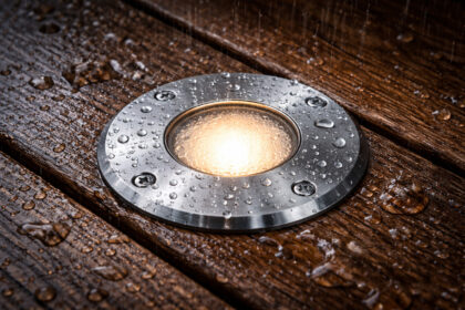 Close up of a stainless steel deck light with rain droplets on the surface, demonstrating waterproof durability and deck lighting ideas for outdoor floor level installations