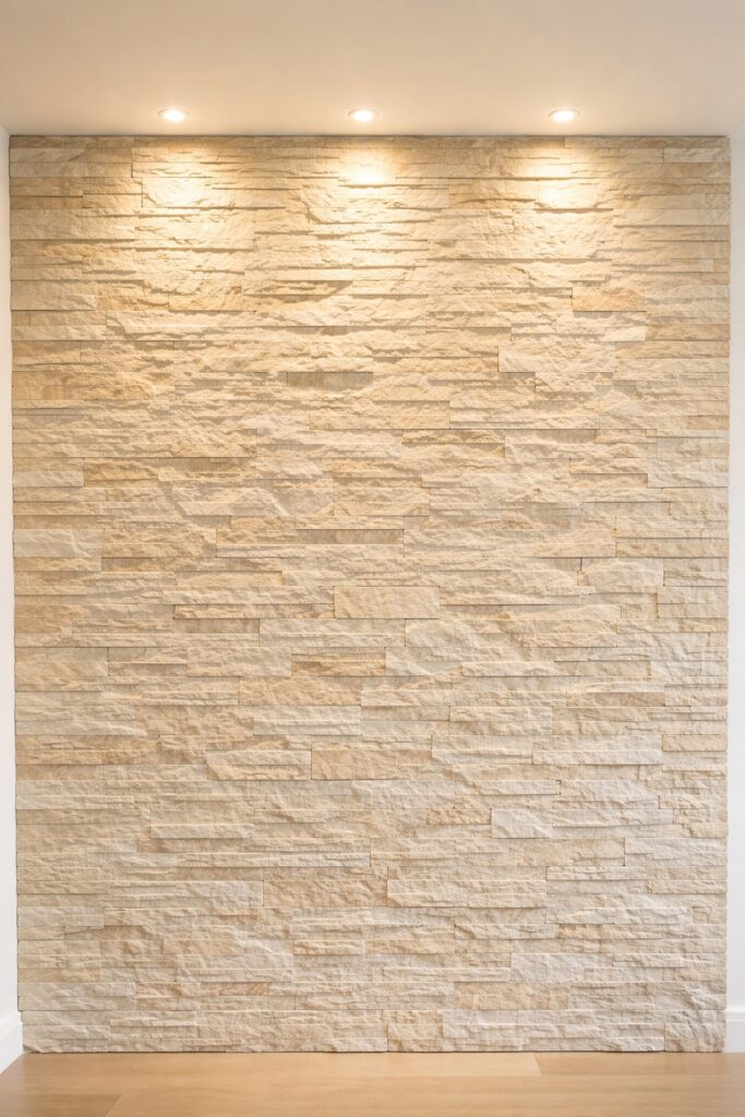 Close up of a textured stone feature wall in a modern home with a warm grazing light washing down from above, highlighting the natural stone texture with bright, even illumination.