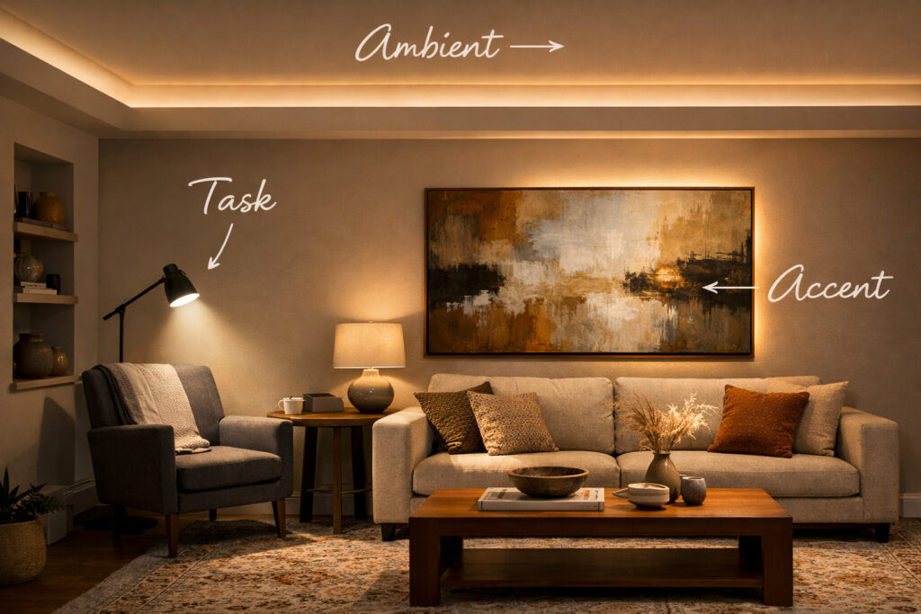 Stylish living room lighting layout interior showing three layers of lighting design, ambient ceiling glow, focused task light on a reading chair, and soft accent lighting behind wall artwork in a balanced magazine style scene