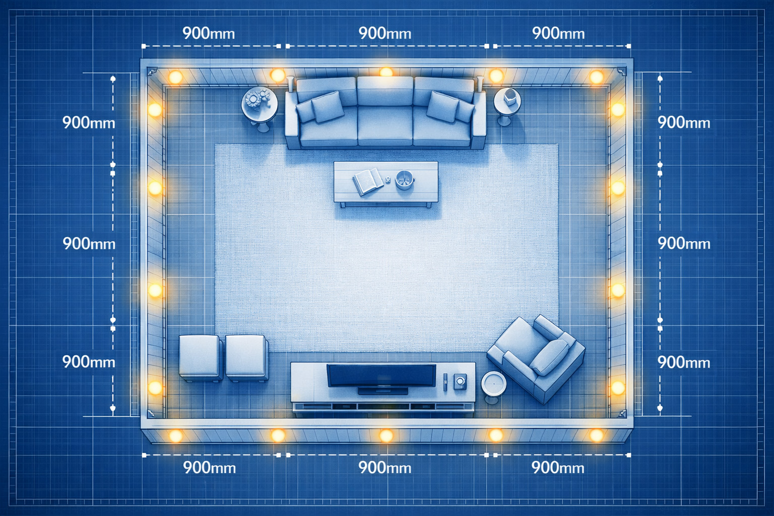 Top-down 3D architectural floor plan of a rectangular living room downlights as glowing golden orbs set 900mm from the walls, with blueprint style dimension lines and a calm unlit center in blue and white tones.