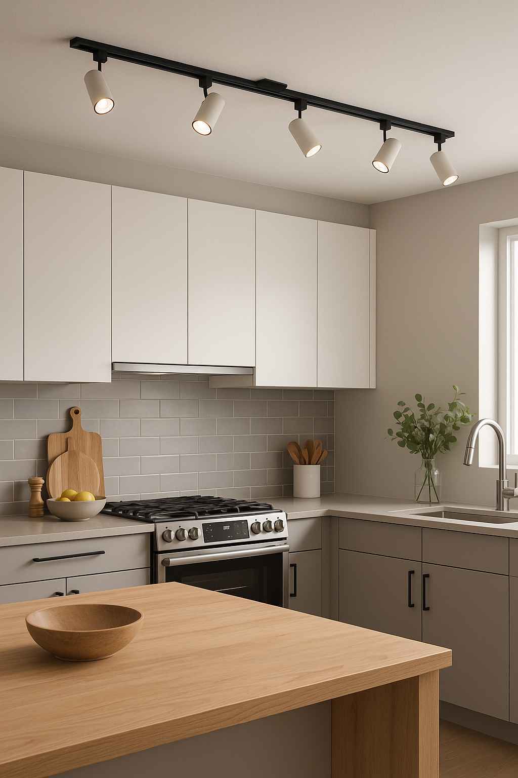 Track Lighting in Kitchens showcasing a modern setup with adjustable spotlights