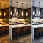 Tunable white kitchen lighting comparison showing the same modern luxury kitchen under 2700K warm light, 3000K neutral light, and 4000K cool daylight with identical layout and camera angle.