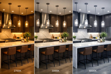 Tunable white kitchen lighting comparison showing the same modern luxury kitchen under 2700K warm light, 3000K neutral light, and 4000K cool daylight with identical layout and camera angle.