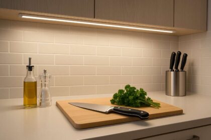 Modern kitchen counter with a knife and herbs illuminated by under cabinet lighting for a clear shadow free workspace