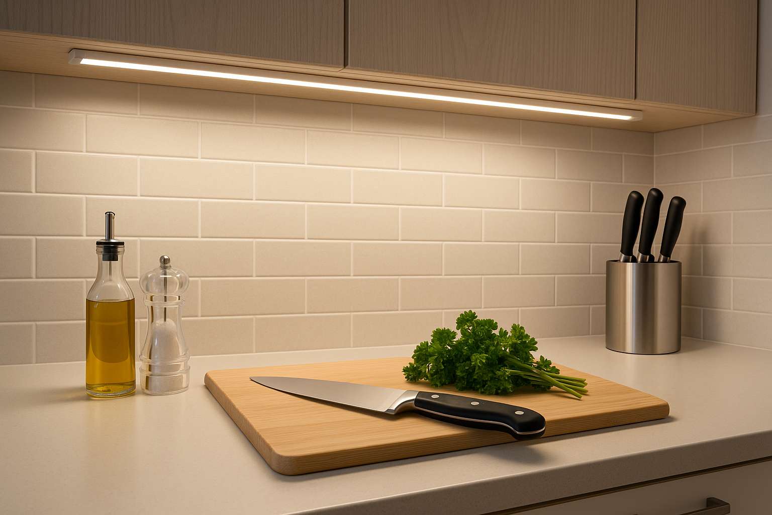 Modern kitchen counter with a knife and herbs illuminated by under cabinet lighting for a clear shadow free workspace