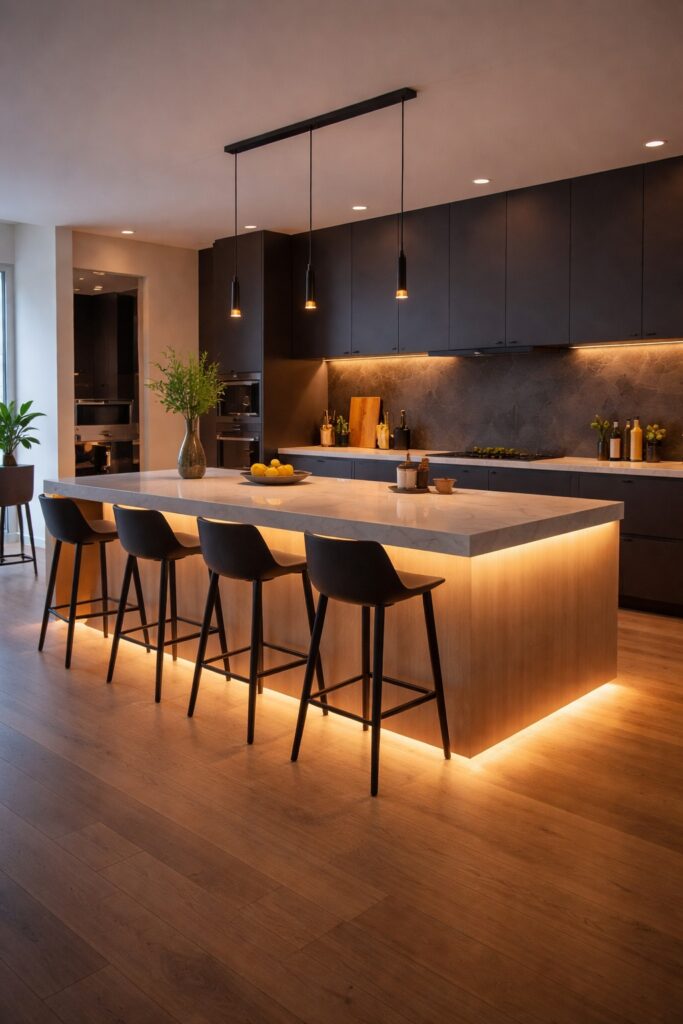 Zoned lighting concept in a modern open-plan kitchen with dark wall units and a softly illuminated kitchen island base creating a sculptural focal point.