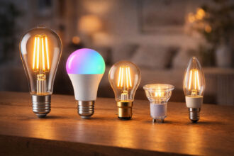 Best LED bulbs UK featuring a vintage ST64 filament bulb, smart RGB colour-changing bulb, classic B22 bayonet, single GU10 spotlight and E14 candle bulb arranged on a wooden surface in a warm, modern interior.