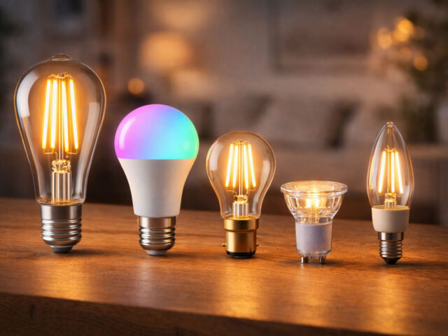 Best LED bulbs UK featuring a vintage ST64 filament bulb, smart RGB colour-changing bulb, classic B22 bayonet, single GU10 spotlight and E14 candle bulb arranged on a wooden surface in a warm, modern interior.