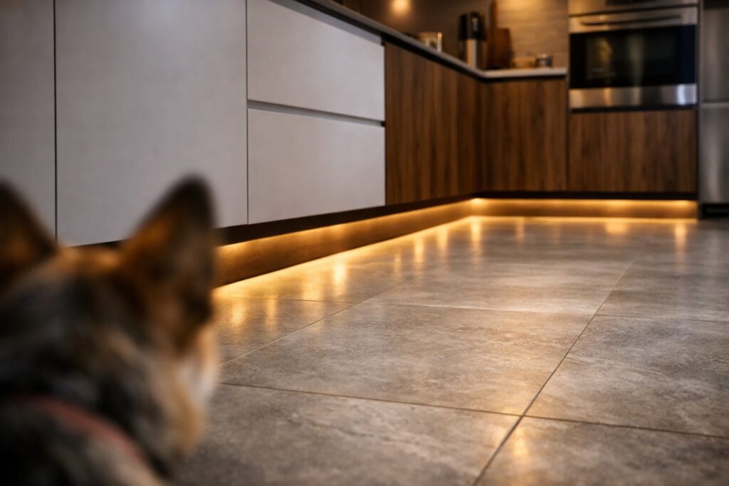 Modern kitchen base units with warm LED glow showcasing plinth lighting ideas for a subtle premium look.