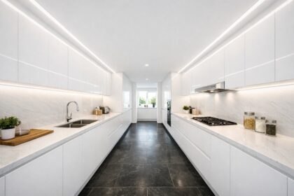 Narrow galley kitchen lighting with white cabinetry and dark stone floor, lit by continuous LED strip lighting on both sides to remove shadows and make the space feel wider and brighter.