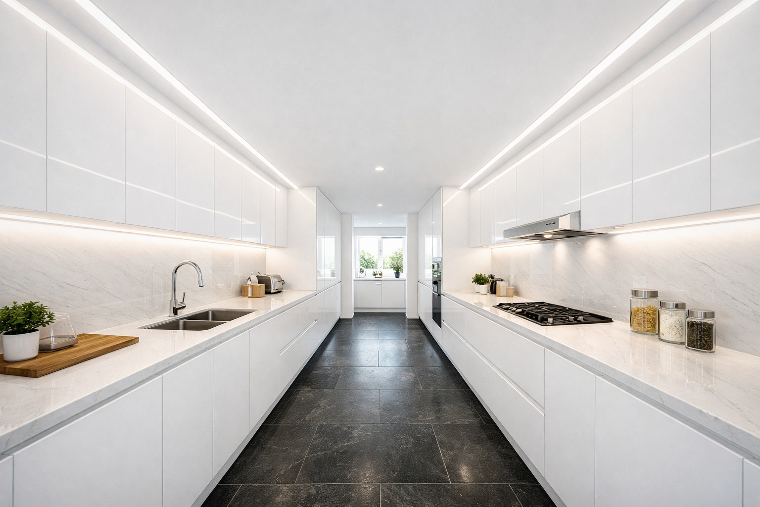 Narrow galley kitchen lighting with white cabinetry and dark stone floor, lit by continuous LED strip lighting on both sides to remove shadows and make the space feel wider and brighter.