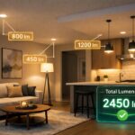 How many lumens do I need shown in a modern open plan living room and kitchen with augmented reality overlays highlighting ceiling downlights, a floor lamp, kitchen pendants, individual lumen values, and a total lumens counter with a green checkmark