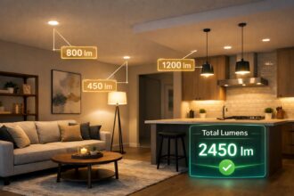 How many lumens do I need shown in a modern open plan living room and kitchen with augmented reality overlays highlighting ceiling downlights, a floor lamp, kitchen pendants, individual lumen values, and a total lumens counter with a green checkmark
