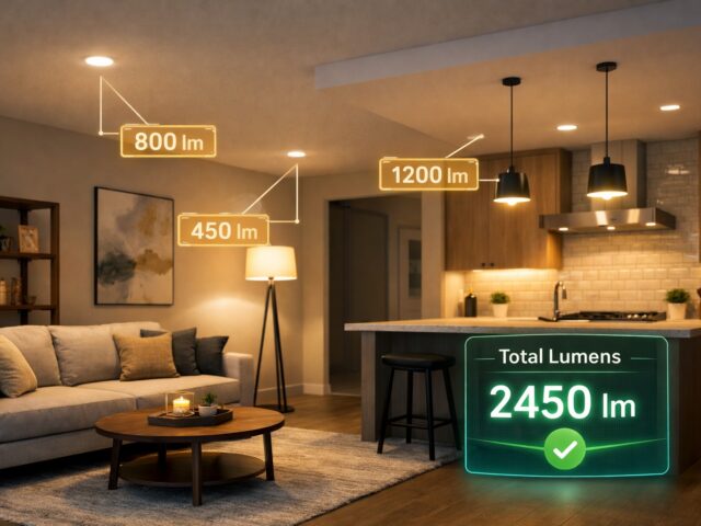 How many lumens do I need shown in a modern open plan living room and kitchen with augmented reality overlays highlighting ceiling downlights, a floor lamp, kitchen pendants, individual lumen values, and a total lumens counter with a green checkmark