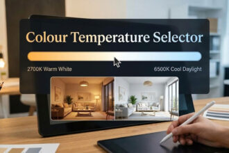 Featured banner image for the online colour temperature selector tool illustrating the warm-to-cool LED light spectrum