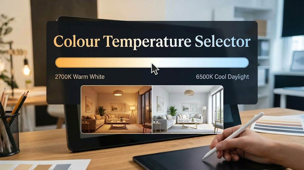 Featured banner image for the online colour temperature selector tool illustrating the warm-to-cool LED light spectrum