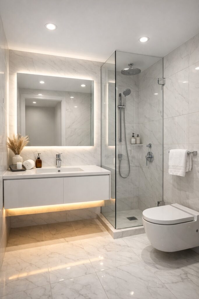Photorealistic modern ensuite bathroom with floating white vanity, backlit mirror, recessed ceiling downlights and white marble tiles, bright spa like interior with no windows