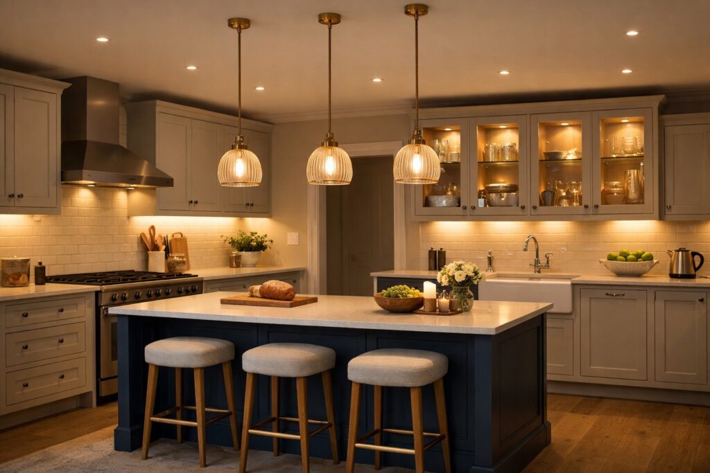 Modern shaker style UK kitchen lighting ideas featuring layered lighting with recessed ceiling lights, under cabinet task lighting, illuminated glass display cabinets, and pendant lights over the island in a warm evening setting.