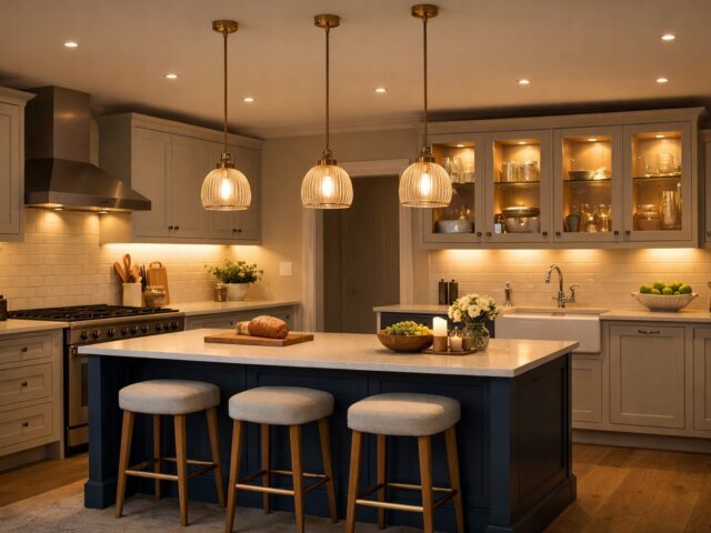 Modern shaker style UK kitchen lighting ideas featuring layered lighting with recessed ceiling lights, under cabinet task lighting, illuminated glass display cabinets, and pendant lights over the island in a warm evening setting.
