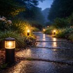 Atmospheric garden path at dusk illuminated by warm LED spike lights during rain, showing water droplets on outdoor ground lights, highlighting common outdoor lighting faults such as moisture ingress, condensation, and weather related performance issues.
