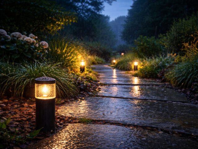 Atmospheric garden path at dusk illuminated by warm LED spike lights during rain, showing water droplets on outdoor ground lights, highlighting common outdoor lighting faults such as moisture ingress, condensation, and weather related performance issues.