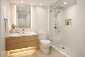 Small bathroom lighting with recessed downlights, a backlit mirror with vertical illumination, and subtle under vanity accent lighting, creating a bright, open, and airy feel in a compact space.