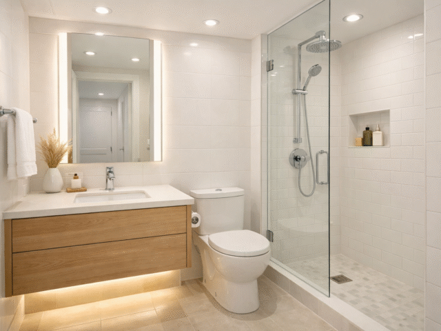 Small bathroom lighting with recessed downlights, a backlit mirror with vertical illumination, and subtle under vanity accent lighting, creating a bright, open, and airy feel in a compact space.