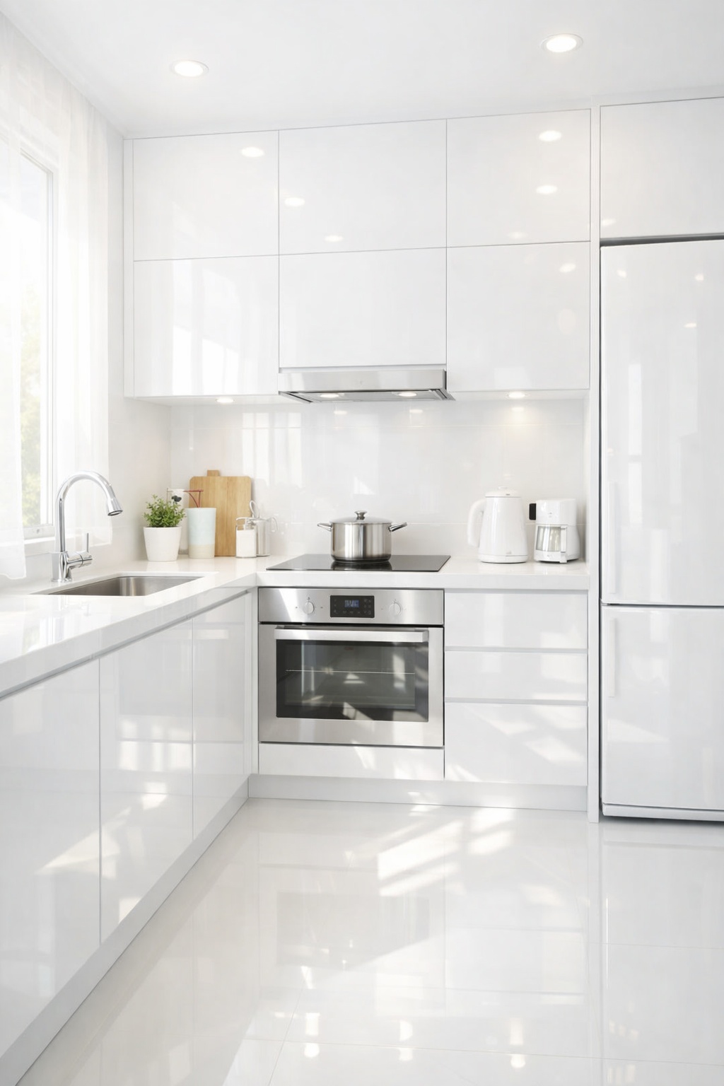 Small all white high gloss kitchen with sunlight and soft artificial lighting reflecting off glossy cabinets and floor to create a bright, airy, spacious feel.